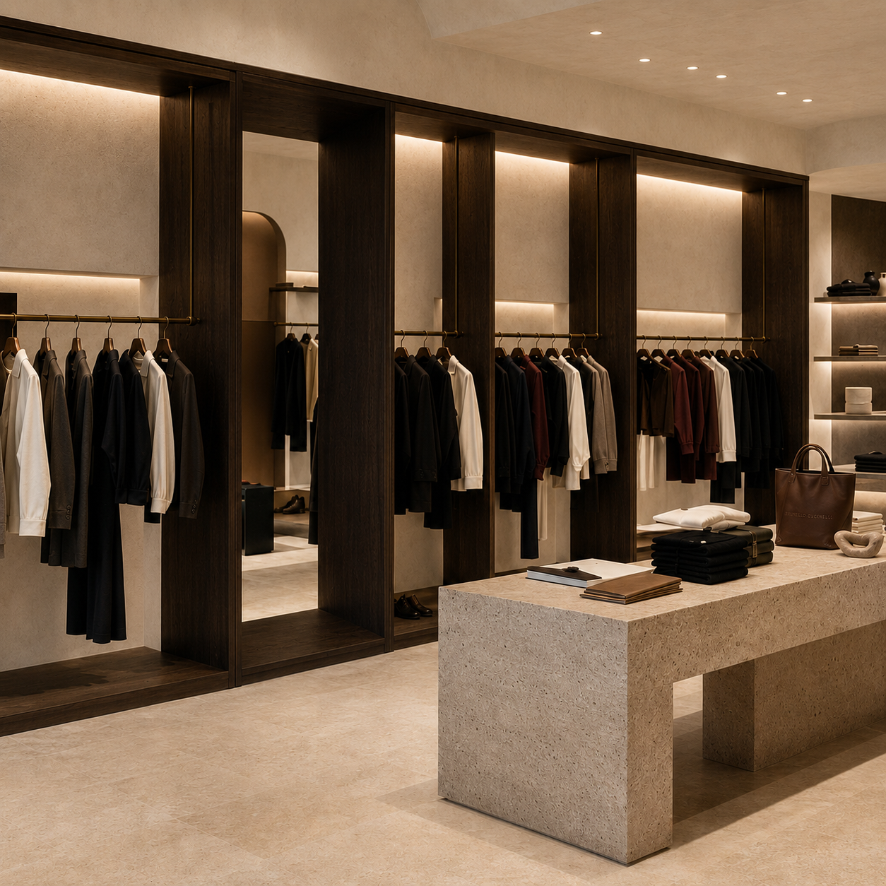 Butik veshjesh premium — mure ekspozimi me dru lisi dhe plinta travertini